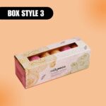 Packaging labeled "Box Style 3" features colorful swirled patterns and houses pastel macarons, conveying an elegant and whimsical tone.
