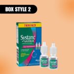 Packaging for Systane Ultra lubricant eye drops with two small bottles. The box is colorful with "Twin Pack" label, set against a peach background.