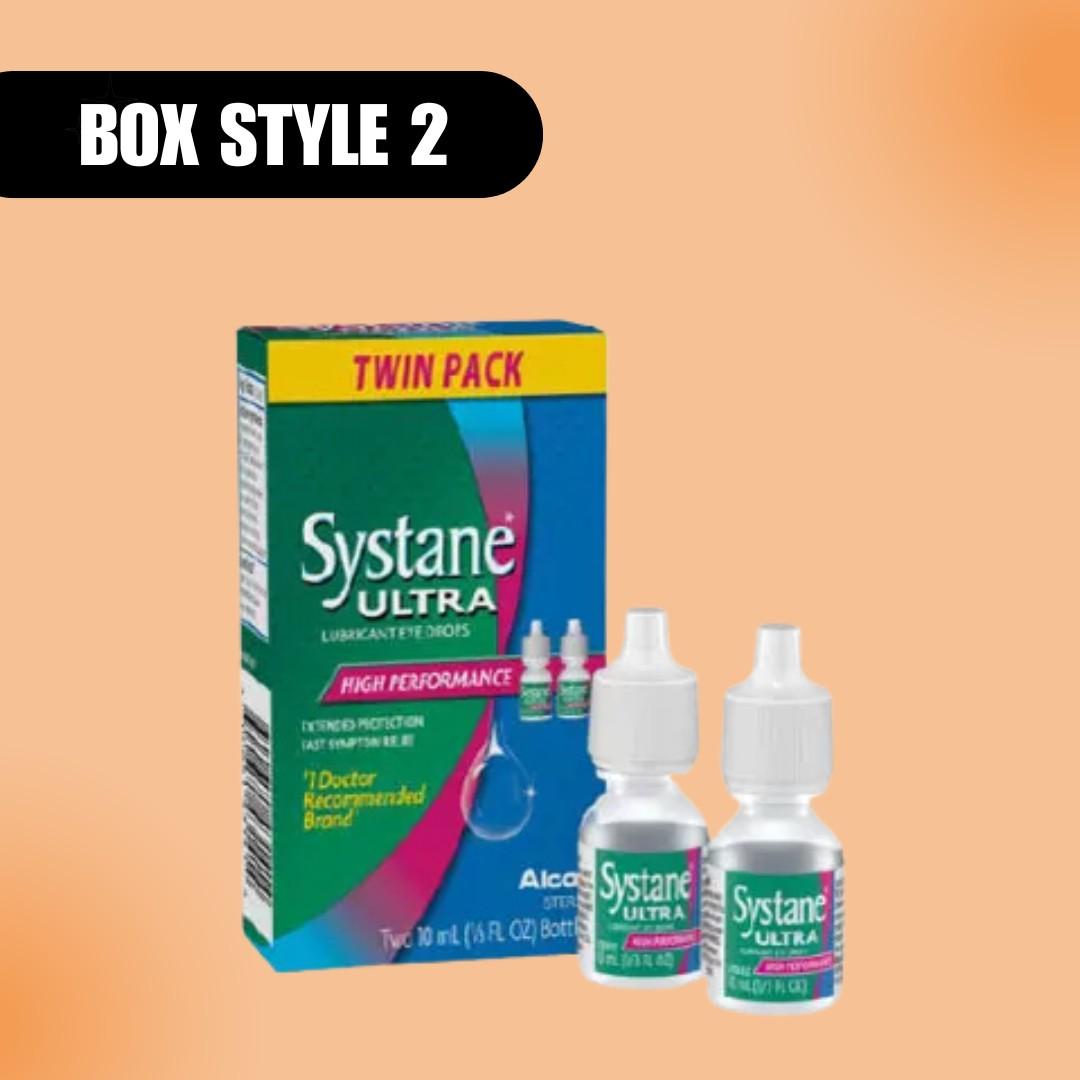 Packaging for Systane Ultra lubricant eye drops with two small bottles. The box is colorful with "Twin Pack" label, set against a peach background.