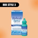 Box and bottle of Refresh Optive Lubricant Eye Drops on an orange background, emphasizing long-lasting hydration, labeled "Box Style 3."