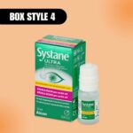 Box of Systane Ultra eye drops next to a small bottle, on a light orange background. Text reads "Box Style 4" in bold black and white.