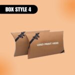 Cardboard pillow boxes with "Logo Print Here" text and decorative black ribbon design on an orange background. Label reads "Box Style 4".
