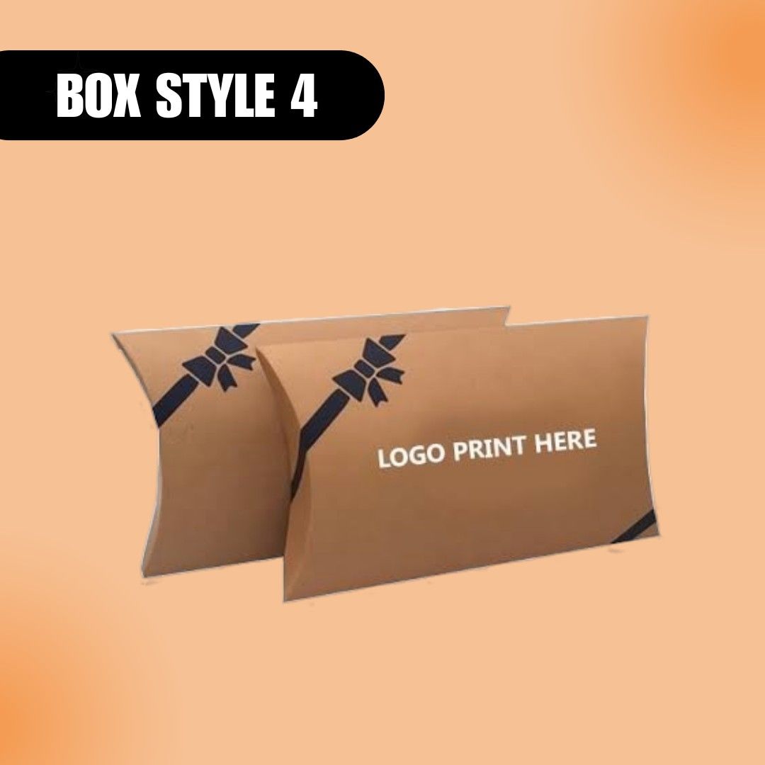 Cardboard pillow boxes with "Logo Print Here" text and decorative black ribbon design on an orange background. Label reads "Box Style 4".