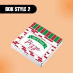Pizza box titled "Box Style 2" with red and green design on a light orange background. The box reads "Hot & Fresh Pizza".
