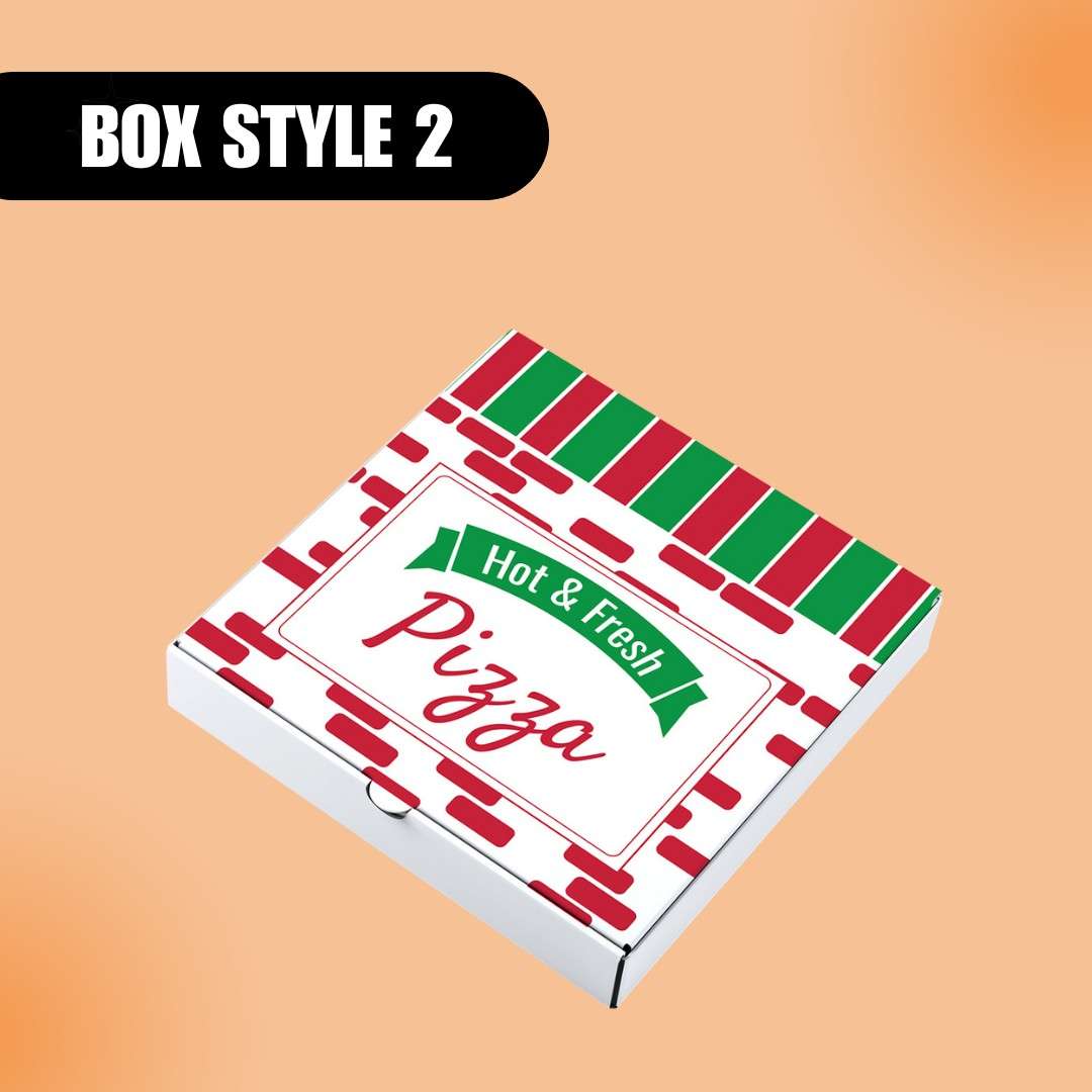 Pizza box titled "Box Style 2" with red and green design on a light orange background. The box reads "Hot & Fresh Pizza".
