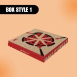 Pizza Hut box on a peach background with "Box Style 1" label. Features illustrated pizza slices and hands. Side reads "MAKE IT GREAT."