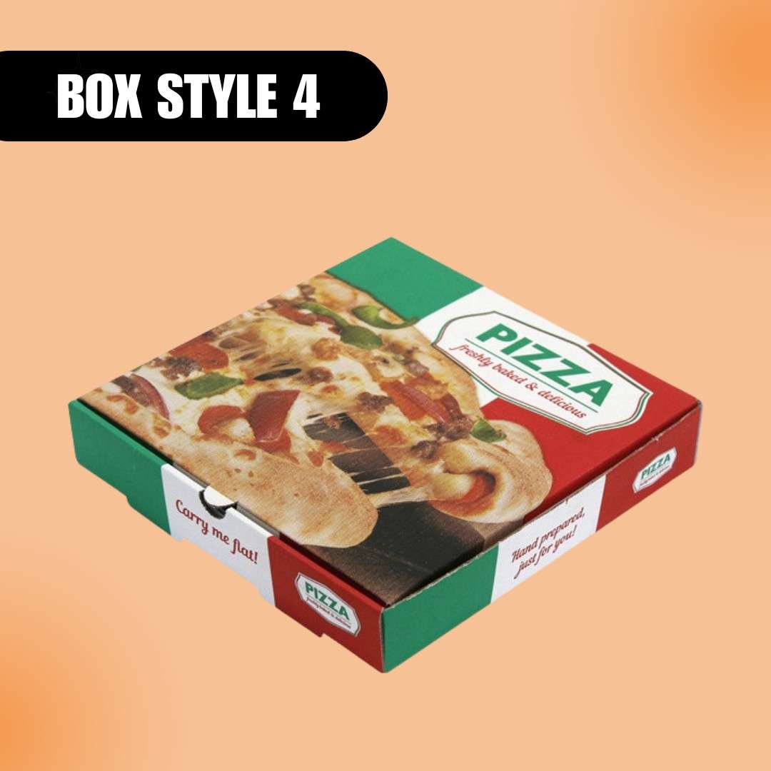 Pizza box labeled "Box Style 4" on a peach background. The box is colorful, with images of pizza toppings and text saying "freshly baked & delicious."