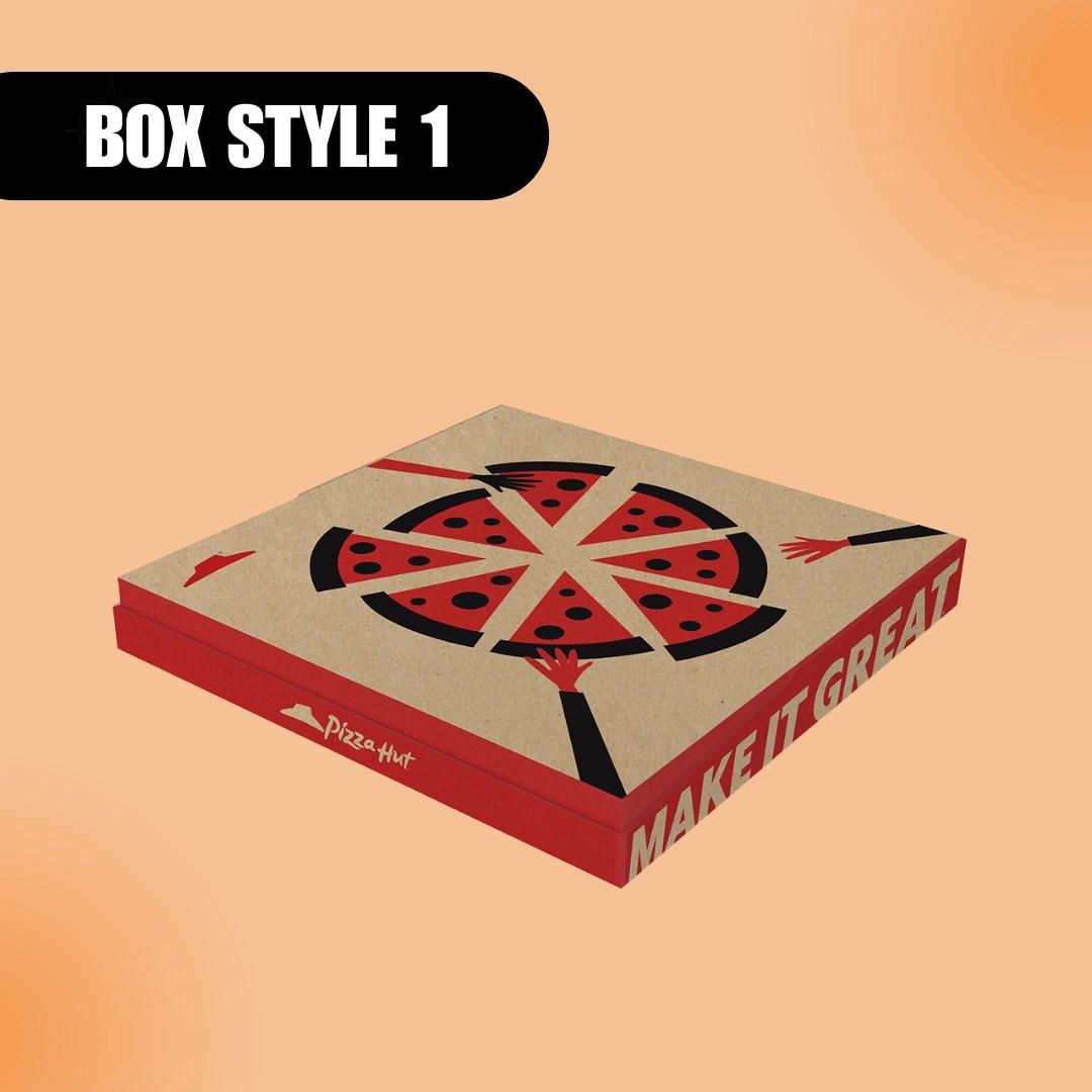 Pizza Hut box on a peach background with "Box Style 1" label. Features illustrated pizza slices and hands. Side reads "MAKE IT GREAT."