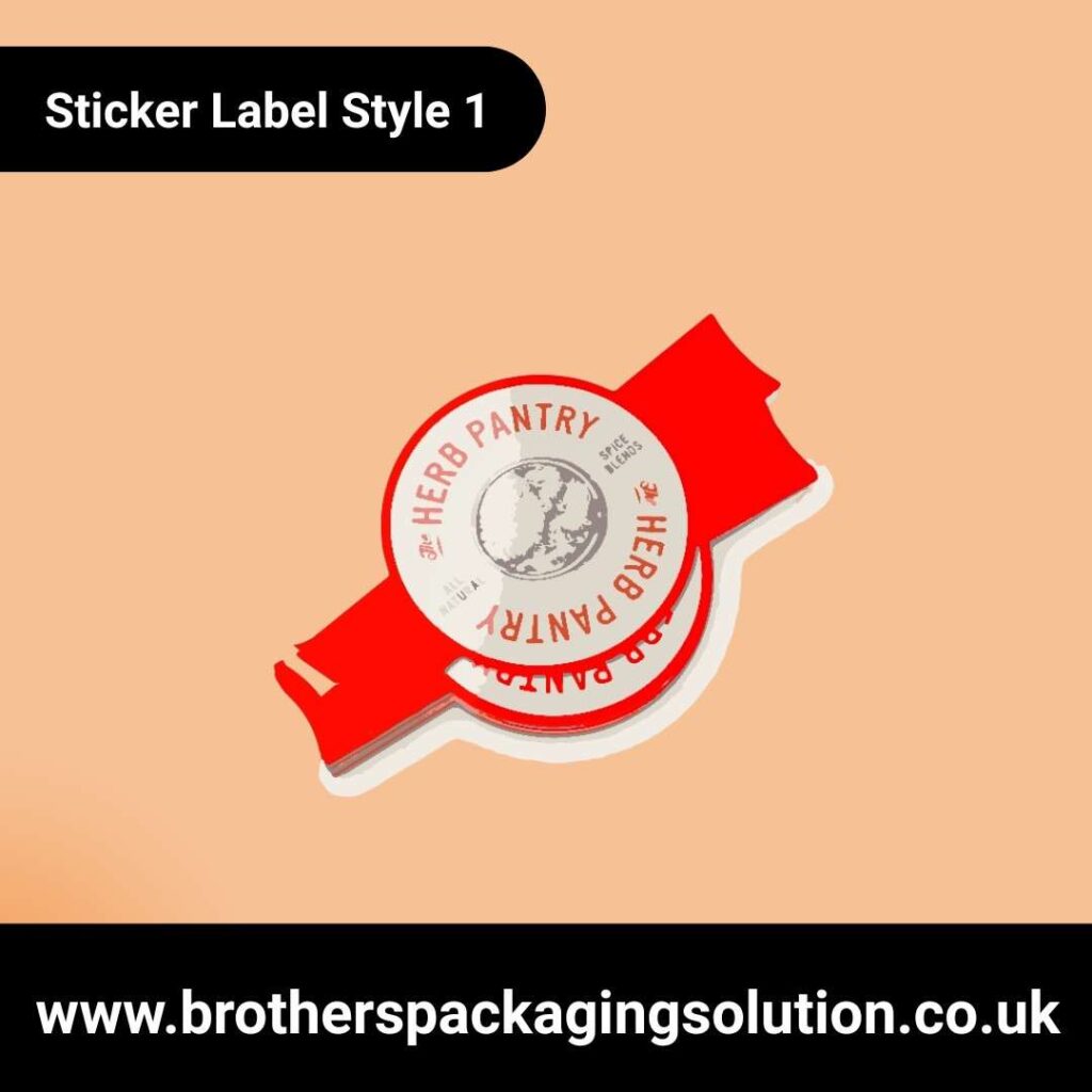 Sticker label design featuring "Herb Pantry" with a red and beige color scheme, circular emblem, and vintage style.