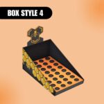 Display box, labeled "Box Style 4," features a honeycomb pattern with black and orange hues and a bee emblem. It exudes a modern, vibrant feel.