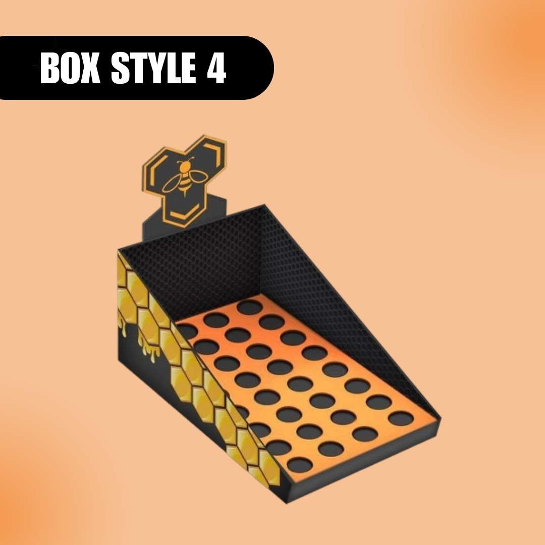 Display box, labeled "Box Style 4," features a honeycomb pattern with black and orange hues and a bee emblem. It exudes a modern, vibrant feel.
