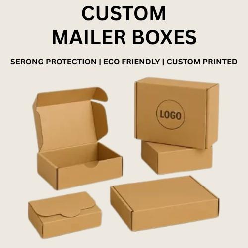 "Image of custom mailer boxes in various sizes with printed logos. Keywords above highlight strong protection, eco-friendly, and custom printing."