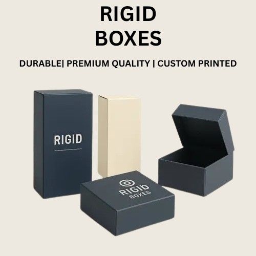 "Four rigid boxes, including an open black box, display various premium designs. Text above reads: 'Rigid Boxes - Durable, Premium Quality, Custom Printed.'"